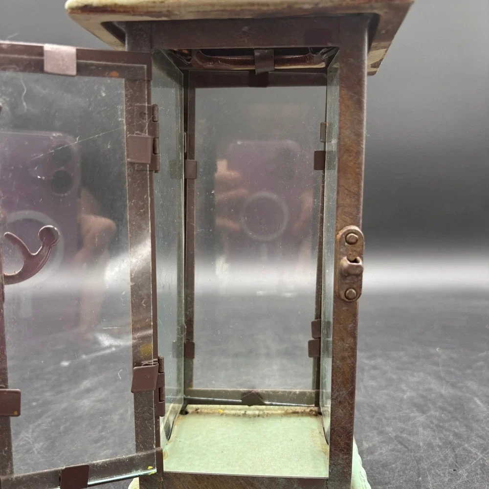 Vtg Heavy Sage Green Ceramic and Metal Glass Candle Lantern Rustic Decor Patina
